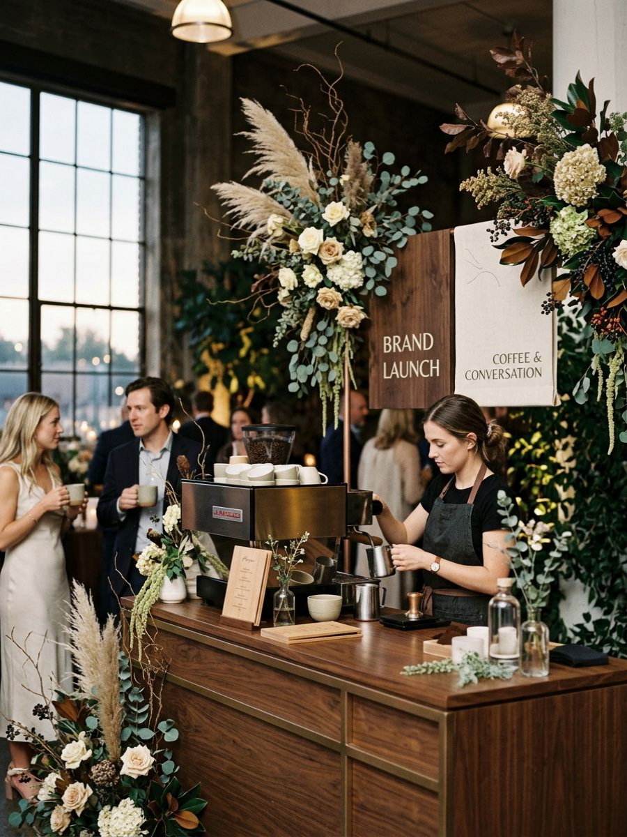 A finished latte being handed to a guest