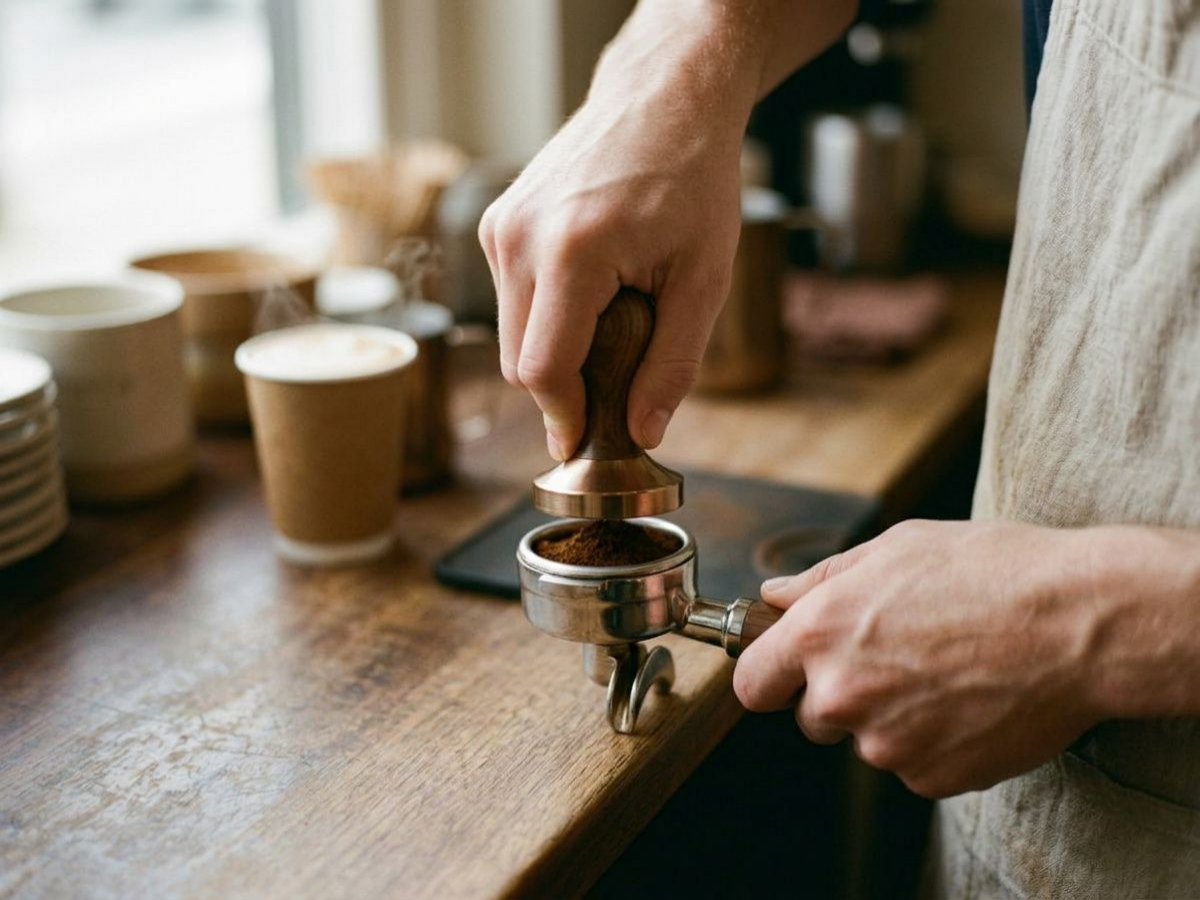 A finished latte being handed to a guest