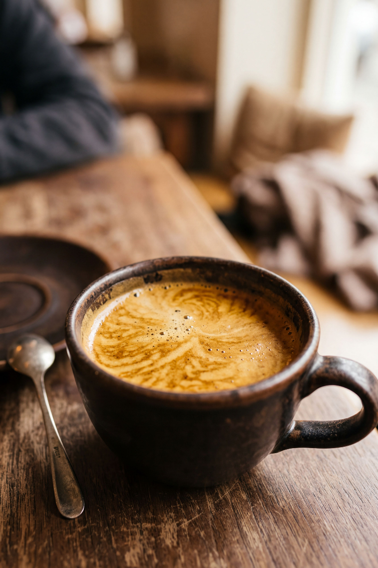 A finished latte being handed to a guest